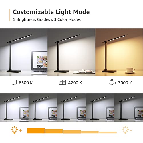 Lepro LED Desk Lamp with USB Charging Port Dimmable Home Office Touch Control Reading Table Lamp,3 Color Modes with 5 Brightness Level,College Dorm Room Essentials, Eye Caring, Sewing, Crafting, Black