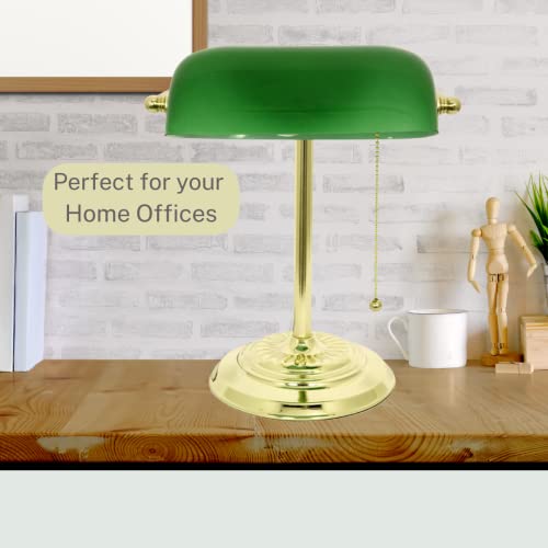 LIGHTACCENTS Traditional Bankers Desk Lamp with Green Glass Shade and Nickel Finish - Classic Study Light Perfect for Office and Home Workspace - Elegant Small Banker Lamp for Reading