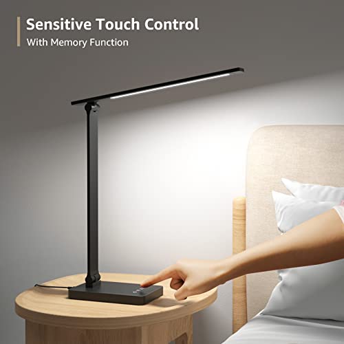 Lepro LED Desk Lamp with USB Charging Port Dimmable Home Office Touch Control Reading Table Lamp,3 Color Modes with 5 Brightness Level,College Dorm Room Essentials, Eye Caring, Sewing, Crafting, Black