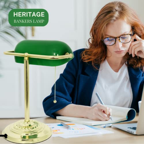 LIGHTACCENTS Traditional Bankers Desk Lamp with Green Glass Shade and Nickel Finish - Classic Study Light Perfect for Office and Home Workspace - Elegant Small Banker Lamp for Reading