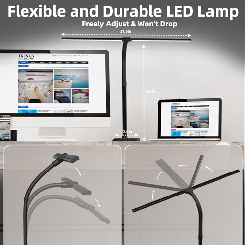 Otdair LED Desk Lamp for Office Home with Wireless Charger, 5 Modes 24W Double Head Flexible Gooseneck Eye-Caring Reading Study Light, Architect Light 5 Brightness Adjustable with Timer (Black)