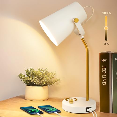 Retro LED Desk Lamp with USB C+A Charging Ports, Dimmable Touch Bedside Reading Lamp Flexible Head, Vintage White Nightstand Table Lamp for College Dorm Room Bedroom Living Room Office, Bulb Included