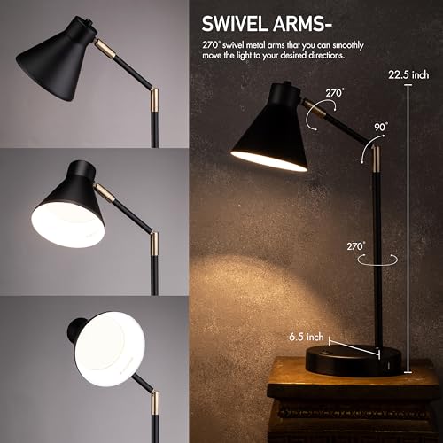 O’Bright Astrum - LED Desk Lamp with Dual USB Charging Ports, 100% Metal Lamp, 270° Swivel Arms, Soft White Light (3000K), Bedside Reading Lamp, Home Office Lamp, Table Lamp, ETL Listed, Black