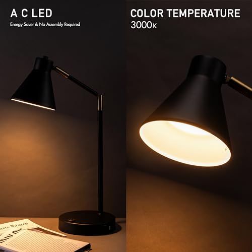 O’Bright Astrum - LED Desk Lamp with Dual USB Charging Ports, 100% Metal Lamp, 270° Swivel Arms, Soft White Light (3000K), Bedside Reading Lamp, Home Office Lamp, Table Lamp, ETL Listed, Black