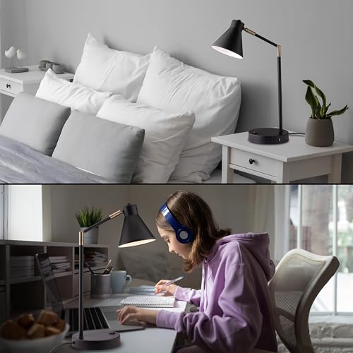 O’Bright Astrum - LED Desk Lamp with Dual USB Charging Ports, 100% Metal Lamp, 270° Swivel Arms, Soft White Light (3000K), Bedside Reading Lamp, Home Office Lamp, Table Lamp, ETL Listed, Black