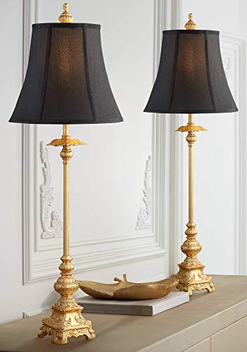 Regency Hill Juliette Traditional French Country Buffet Table Lamps 36.5" Tall Skinny Set of 2 Glam Luxury Style Gold Candlestick Black Fabric Bell Shade for Living Room House Home Entryway