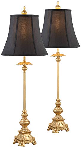 Regency Hill Juliette Traditional French Country Buffet Table Lamps 36.5" Tall Skinny Set of 2 Glam Luxury Style Gold Candlestick Black Fabric Bell Shade for Living Room House Home Entryway