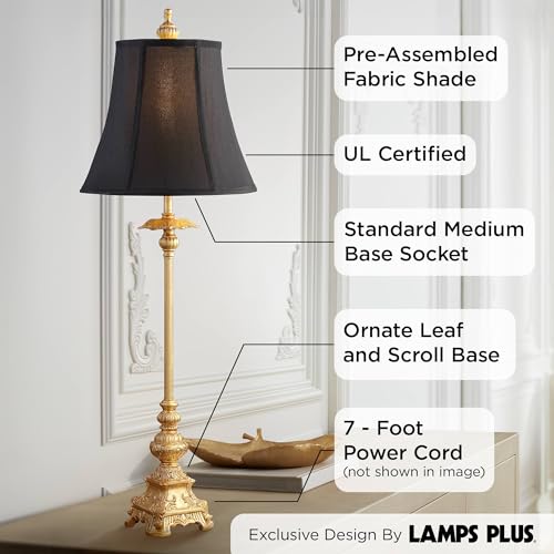 Regency Hill Juliette Traditional French Country Buffet Table Lamps 36.5" Tall Skinny Set of 2 Glam Luxury Style Gold Candlestick Black Fabric Bell Shade for Living Room House Home Entryway
