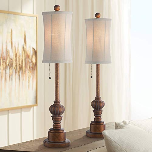 Regency Hill Bertie Traditional Style Buffet Table Lamps 28" Tall Skinny Set of 2 Warm Brown Wood Tone Fabric Drum Shade Decor for Living Room Bedroom House Bedside Nightstand Home Office
