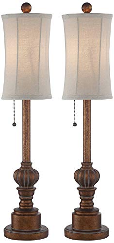 Regency Hill Bertie Traditional Style Buffet Table Lamps 28" Tall Skinny Set of 2 Warm Brown Wood Tone Fabric Drum Shade Decor for Living Room Bedroom House Bedside Nightstand Home Office