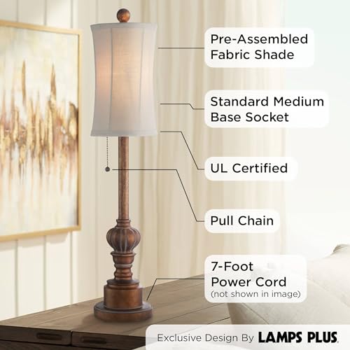 Regency Hill Bertie Traditional Style Buffet Table Lamps 28" Tall Skinny Set of 2 Warm Brown Wood Tone Fabric Drum Shade Decor for Living Room Bedroom House Bedside Nightstand Home Office