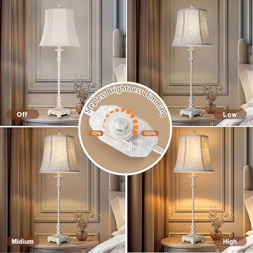 LuxSight European Country Vintage Style Candle Stick Buffet Table Lamp 33'' Tall Ivory White Linen Fabric Soft Bell Shade Stepless Dimming for Living Room Bedroom Dinning Family House Study Room