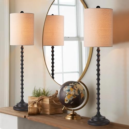 32" Buffet Table Lamps,Skinny Metal Base Pair Bedside Lamps for Farmhouse Chic Country Living Nightstand Entryway Console,(Set of 2),Black