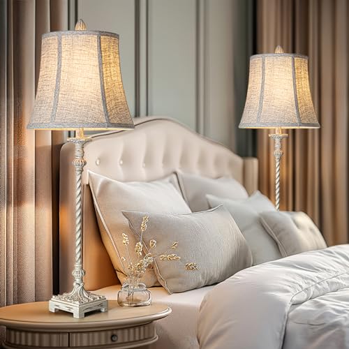LuxSight European Country Vintage Style Candle Stick Buffet Table Lamp 33'' Tall Ivory White Linen Fabric Soft Bell Shade Stepless Dimming for Living Room Bedroom Dinning Family House Study Room