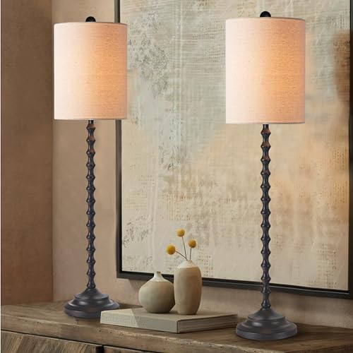 32" Buffet Table Lamps，Skinny Metal Base Pair Bedside Lamps for Farmhouse Chic Country Living Nightstand Entryway Console,(Set of 2),Black