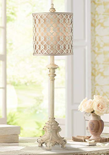 Regency Hill French Country Traditional Candlestick Buffet Table Lamp Vintage 34" Tall Skinny Ivory Off White Metal Lattice Double Shade for Living Room House Home Entryway Dining Family