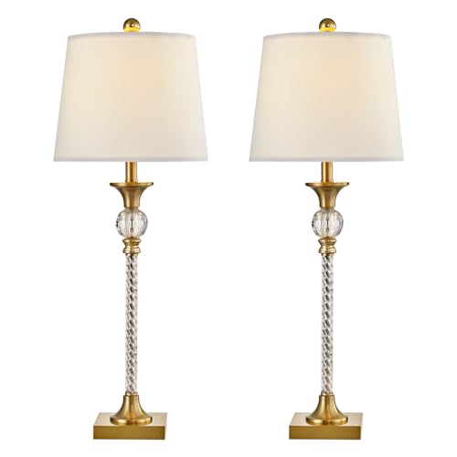 HIGHTRY Crystal Table Lamps for Bedroom Set of 2, Gold 3-Way Dimmable Bedside Lamps, Brass Modern 29" Buffet Lamps with White Fabric Shade for Living Room, Dining Room, Kitchen, Office