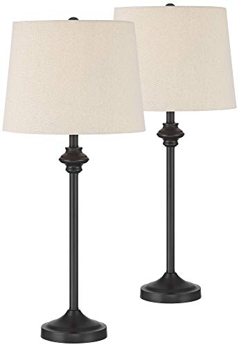 360 Lighting Lynn Modern Industrial Buffet Table Lamps 26" Tall Skinny Set of 2 Dark Bronze Brown Metal Oatmeal Fabric Drum Shade for Living Room House Home Dining Office Entryway Family Decor