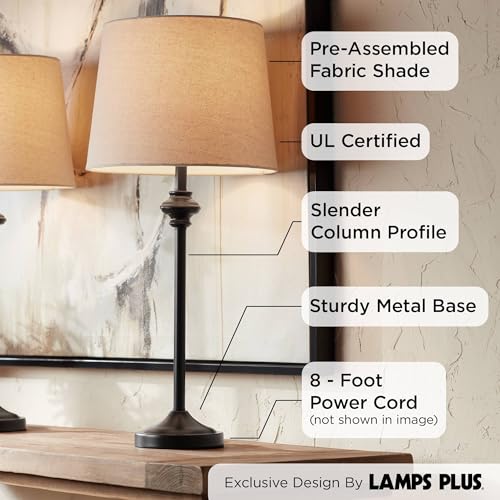 360 Lighting Lynn Modern Industrial Buffet Table Lamps 26" Tall Skinny Set of 2 Dark Bronze Brown Metal Oatmeal Fabric Drum Shade for Living Room House Home Dining Office Entryway Family Decor