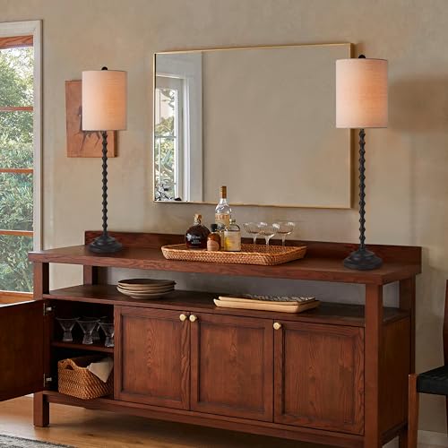 32" Buffet Table Lamps，Skinny Metal Base Pair Bedside Lamps for Farmhouse Chic Country Living Nightstand Entryway Console,(Set of 2),Black