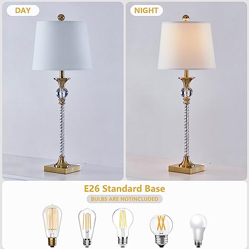 HIGHTRY Crystal Table Lamps for Bedroom Set of 2, Gold 3-Way Dimmable Bedside Lamps, Brass Modern 29" Buffet Lamps with White Fabric Shade for Living Room, Dining Room, Kitchen, Office