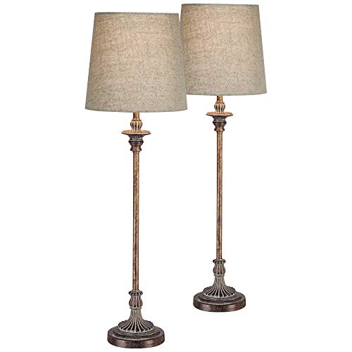 Regency Hill Bentley Traditional French Country Style Buffet Table Lamps 31.5" Tall Skinny Set of 2 Weathered Brown Ridged Linen Fabric Tapered Drum Shade Decor for Living Room House Home Dining