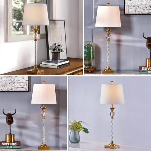 HIGHTRY Crystal Table Lamps for Bedroom Set of 2, Gold 3-Way Dimmable Bedside Lamps, Brass Modern 29" Buffet Lamps with White Fabric Shade for Living Room, Dining Room, Kitchen, Office