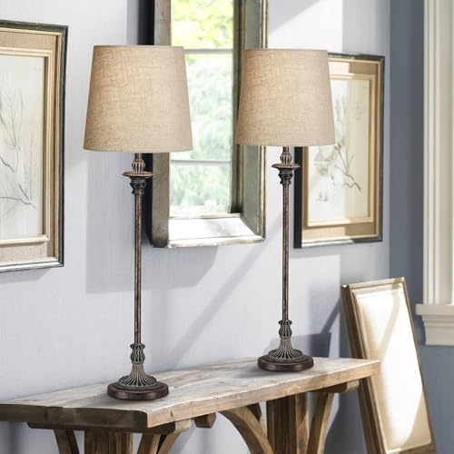 Regency Hill Bentley Traditional French Country Style Buffet Table Lamps 31.5" Tall Skinny Set of 2 Weathered Brown Ridged Linen Fabric Tapered Drum Shade Decor for Living Room House Home Dining