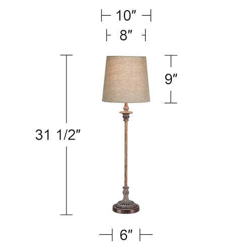 Regency Hill Bentley Traditional French Country Style Buffet Table Lamps 31.5" Tall Skinny Set of 2 Weathered Brown Ridged Linen Fabric Tapered Drum Shade Decor for Living Room House Home Dining