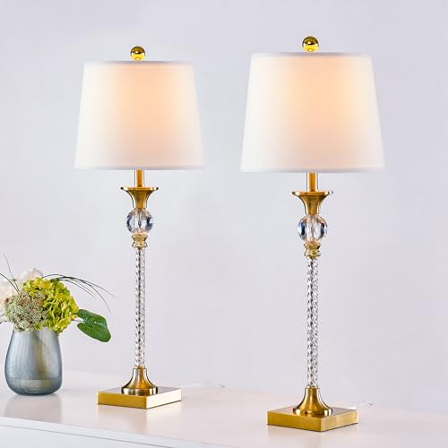 HIGHTRY Crystal Table Lamps for Bedroom Set of 2, Gold 3-Way Dimmable Bedside Lamps, Brass Modern 29" Buffet Lamps with White Fabric Shade for Living Room, Dining Room, Kitchen, Office