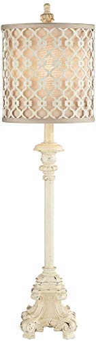 Regency Hill French Country Traditional Candlestick Buffet Table Lamp Vintage 34" Tall Skinny Ivory Off White Metal Lattice Double Shade for Living Room House Home Entryway Dining Family