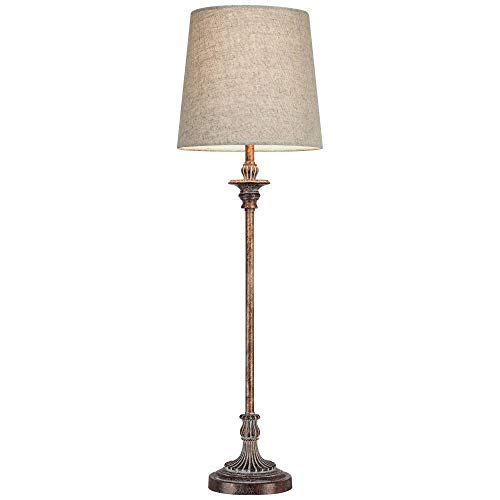 Regency Hill Bentley Traditional French Country Style Buffet Table Lamps 31.5" Tall Skinny Set of 2 Weathered Brown Ridged Linen Fabric Tapered Drum Shade Decor for Living Room House Home Dining