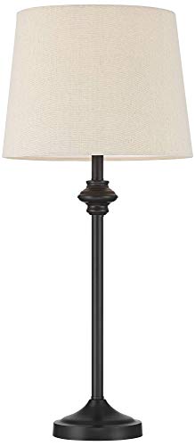 360 Lighting Lynn Modern Industrial Buffet Table Lamps 26" Tall Skinny Set of 2 Dark Bronze Brown Metal Oatmeal Fabric Drum Shade for Living Room House Home Dining Office Entryway Family Decor