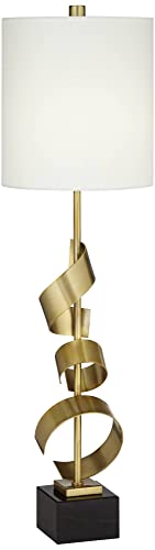 Possini Euro Design Luxe Modern Buffet Console Table Lamp 32" Tall Skinny Sculptural Gold Scroll Metal White Drum Shade for Bedroom Living Room Bedside Nightstand House Home Dining Entryway Office