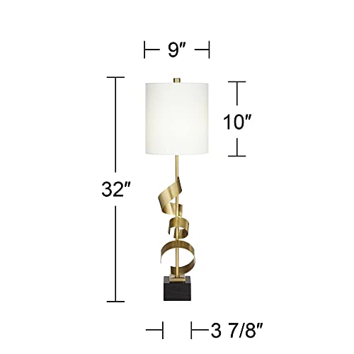 Possini Euro Design Luxe Modern Buffet Console Table Lamp 32" Tall Skinny Sculptural Gold Scroll Metal White Drum Shade for Bedroom Living Room Bedside Nightstand House Home Dining Entryway Office