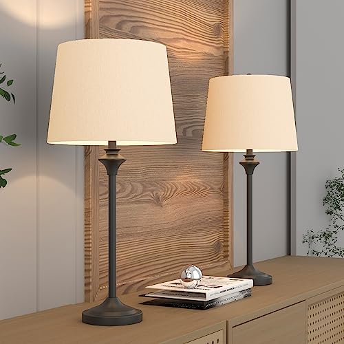 HIGHTRY Table Lamps Set of 2 for Living Room, Black Buffet Lamps, Metal Nightstand Lamps with Fabric Shade, 26” Tall Beside Desk Lamps for Bedroom, Living Room, Kids, Home Office