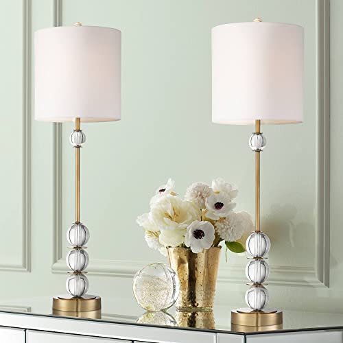 Vienna Full Spectrum Halston Modern Buffet Table Lamps Set of 2 with Dimmer 32 1/2" Tall Skinny Brass Metal Stacked Crystal Off-White Fabric Drum Shade Living Family Room Dining House Home Office