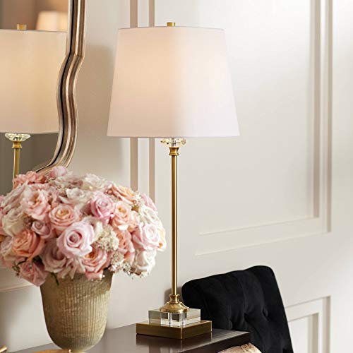 Regency Hill Julia Traditional Buffet Table Lamp 29 1/2" Tall Skinny Gold Column Clear Crystal Glass White Fabric Tapered Square Shade for Living Room Bedroom House Home Dining Family Entryway