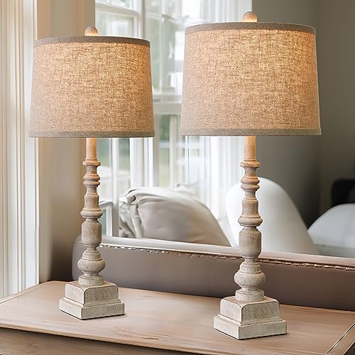 Oneach 27.75” Vintage Farmhouse Table Lamp with USB A+C for Living Room Rustic Table Lamp Bedside Lamps Bedroom Nightstand Lamps Linen Washed Antique White