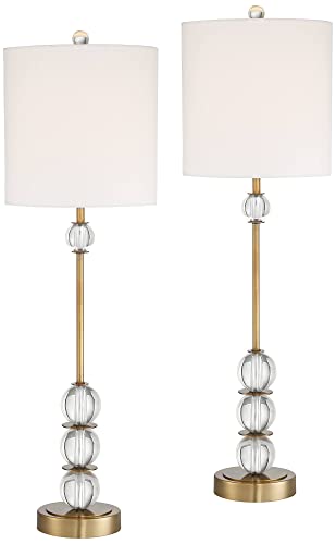 Vienna Full Spectrum Halston Modern Buffet Table Lamps Set of 2 with Dimmer 32 1/2" Tall Skinny Brass Metal Stacked Crystal Off-White Fabric Drum Shade Living Family Room Dining House Home Office