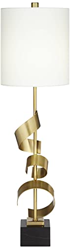 Possini Euro Design Luxe Modern Buffet Console Table Lamp 32" Tall Skinny Sculptural Gold Scroll Metal White Drum Shade for Bedroom Living Room Bedside Nightstand House Home Dining Entryway Office