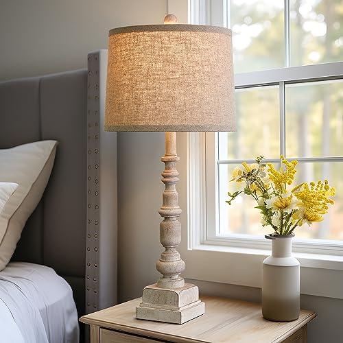 Oneach 27.75” Vintage Farmhouse Table Lamp with USB A+C for Living Room Rustic Table Lamp Bedside Lamps Bedroom Nightstand Lamps Linen Washed Antique White