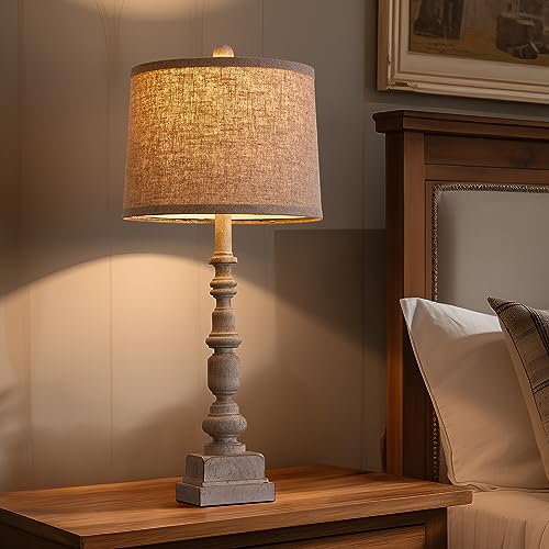 Oneach 27.75” Vintage Farmhouse Table Lamp with USB A+C for Living Room Rustic Table Lamp Bedside Lamps Bedroom Nightstand Lamps Linen Washed Antique White