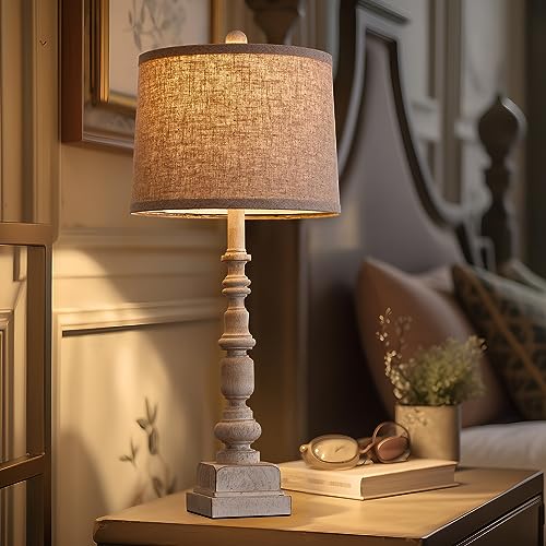 Oneach 27.75” Vintage Farmhouse Table Lamp with USB A+C for Living Room Rustic Table Lamp Bedside Lamps Bedroom Nightstand Lamps Linen Washed Antique White