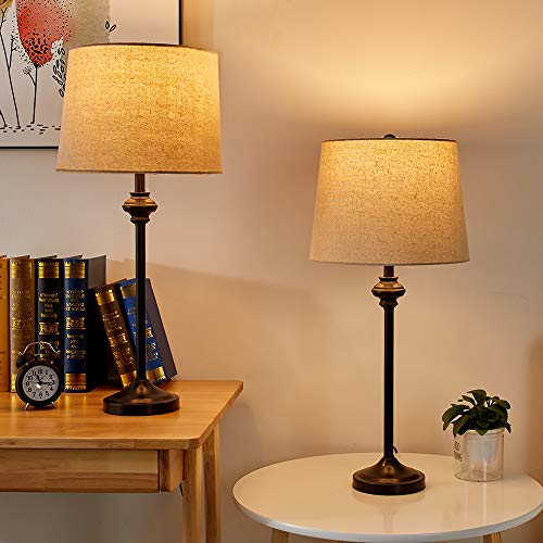 HIGHTRY Table Lamps Set of 2 for Living Room, Black Buffet Lamps, Metal Nightstand Lamps with Fabric Shade, 26” Tall Beside Desk Lamps for Bedroom, Living Room, Kids, Home Office