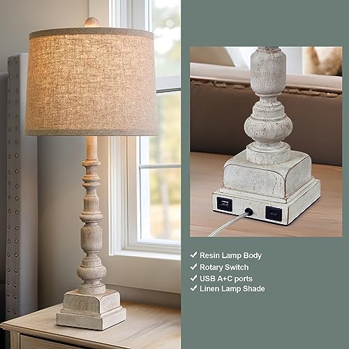 Oneach 27.75” Vintage Farmhouse Table Lamp with USB A+C for Living Room Rustic Table Lamp Bedside Lamps Bedroom Nightstand Lamps Linen Washed Antique White