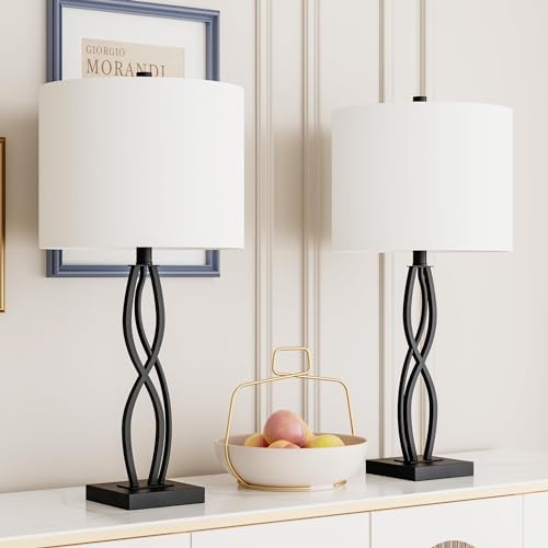 Table Lamps Set of 2 for Living Room, 26" Buffet Lamps, Bedside Desk Lamps for Bedroom with Fabric Shade, 3-Way Dimmable Black Table Lamp for End Tables, Home Tall Lamp for Office and Dining Room