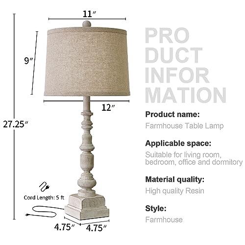 Oneach 27.75” Vintage Farmhouse Table Lamp with USB A+C for Living Room Rustic Table Lamp Bedside Lamps Bedroom Nightstand Lamps Linen Washed Antique White