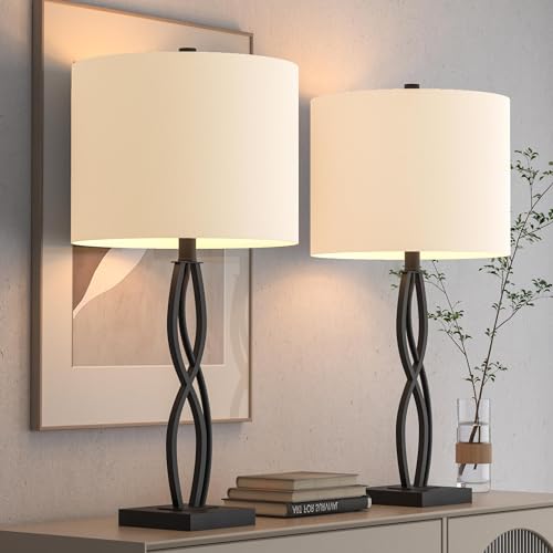 Table Lamps Set of 2 for Living Room, 26" Buffet Lamps, Bedside Desk Lamps for Bedroom with Fabric Shade, 3-Way Dimmable Black Table Lamp for End Tables, Home Tall Lamp for Office and Dining Room