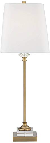 Regency Hill Julia Traditional Buffet Table Lamp 29 1/2" Tall Skinny Gold Column Clear Crystal Glass White Fabric Tapered Square Shade for Living Room Bedroom House Home Dining Family Entryway